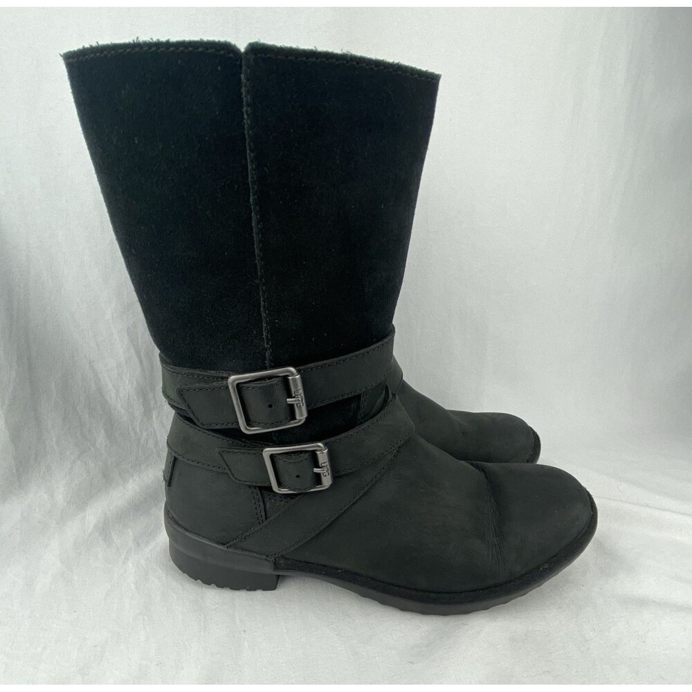 UGG Lorna Boots Womens 5.5 Black Leather Shearling‎ Lined Waterproof